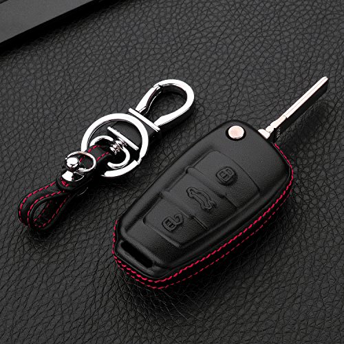 RoyalFox Genuine Leather 3 Buttons Key Fob case Cover for Audi Folding flip Key, Audi A1 A3 Q3 Q7 TT S3 R8 Car Remote Pouch with Key Rings Keychain Holder Metal Black