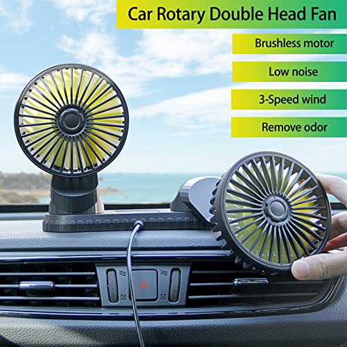 Xximuim Car Cooling Fan,360° Adjustable Dual Head Cooling Air Fan Brushless Motor Low Noise Automobile Vehicle Fan Micro USB for Car/SUV/RV/Truck/Boat Use (Without Coloured Light)