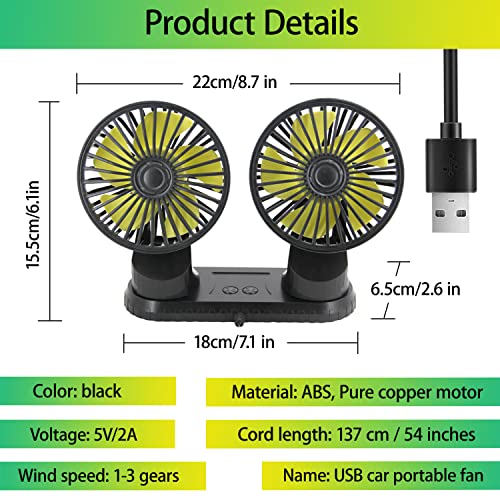 Xximuim Car Cooling Fan,360° Adjustable Dual Head Cooling Air Fan Brushless Motor Low Noise Automobile Vehicle Fan Micro USB for Car/SUV/RV/Truck/Boat Use (Without Coloured Light)