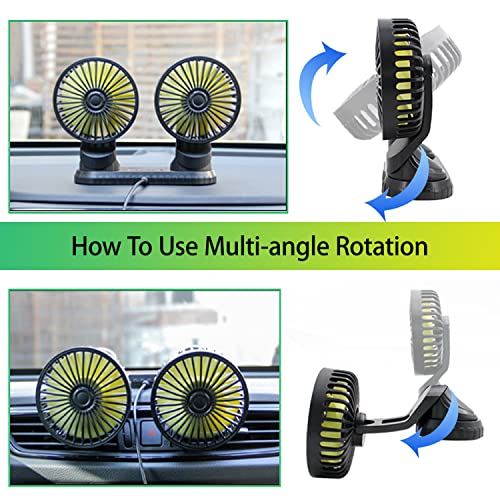 Xximuim Car Cooling Fan,360° Adjustable Dual Head Cooling Air Fan Brushless Motor Low Noise Automobile Vehicle Fan Micro USB for Car/SUV/RV/Truck/Boat Use (Without Coloured Light)