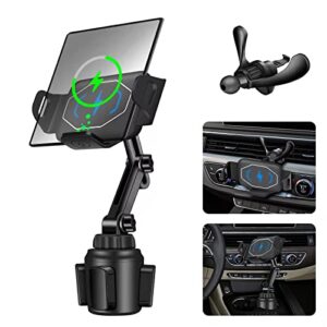 cup holder phone mount,15w wireless charger car phone holder for air vent and cup holder,cup holder phone holder compatible with samsung galaxy z fold 4/3/2,iphone 13/12/11/x/8,auto clamp 5.6in-7.4in