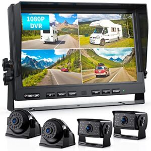 fookoo Ⅱ 10″ 1080p wired backup camera system kit,10″ hd quad split screen monitor with recording ip69 waterproof rear view side view camera parking lines for truck/semi-trailer/box truck/rv(dy104)