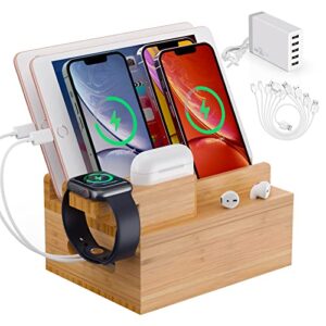 pezin & hulin bamboo charging station for multiple devices (included 5 port usb charger, 6 pack charge & sync cables, smartwatch & earbuds stand), electronic device desktop dock stations organizer
