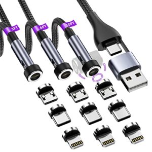 360°&180° rotation magnetic charging cable, 5 in 1 magnetic phone charger cable 3-pack [3ft/6ft/10ft] fast charging cable support data transfer nylon-braided cord for iphone/micro usb/type c -black
