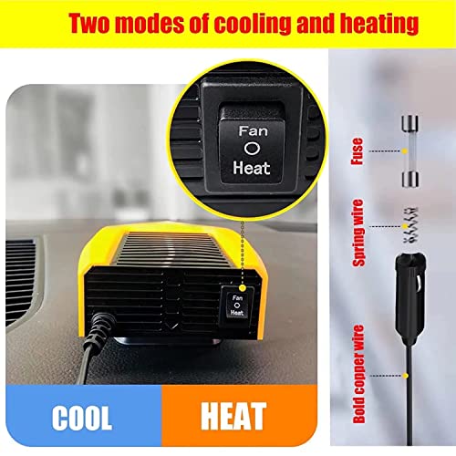 2023 Upgrade Heater Defroster, 2 in 1 Auto Car Windshield Heater Cooling Fan 12 Volt 150W Auto Defogger 360° Rotatable Heating Defrost (Sports Car Yellow）