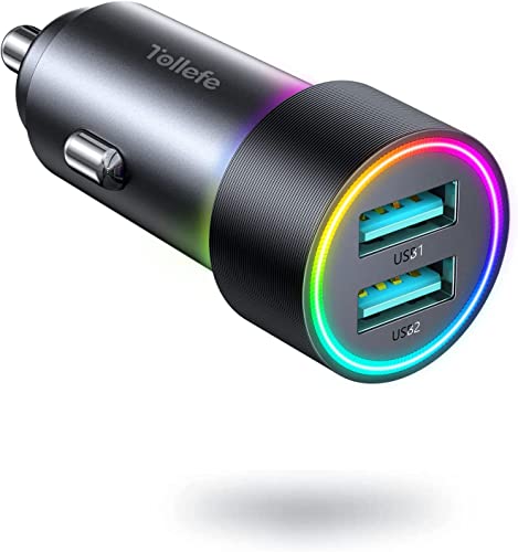 Car Charger, TOLLEFE 24W 4.8A Dual Port Cigarette Lighter Fast USB Car Charger RGB LED Light Car Charger Adapter Compatible with iPhone 14 Pro Max/13/12/11,Samsung S22/S21/S10/S9/S8