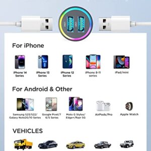 Car Charger, TOLLEFE 24W 4.8A Dual Port Cigarette Lighter Fast USB Car Charger RGB LED Light Car Charger Adapter Compatible with iPhone 14 Pro Max/13/12/11,Samsung S22/S21/S10/S9/S8