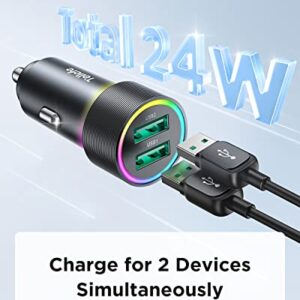 Car Charger, TOLLEFE 24W 4.8A Dual Port Cigarette Lighter Fast USB Car Charger RGB LED Light Car Charger Adapter Compatible with iPhone 14 Pro Max/13/12/11,Samsung S22/S21/S10/S9/S8