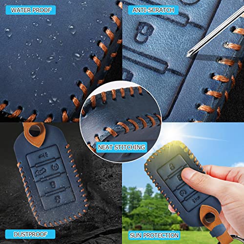 Canvcle Key Fob Cover for 2021 2022 2023 Jeep Grand Cherokee/Grand Cherokee L/Wagoneer/Grand Wagoneer Accessories Key Cover Leather Blue 5 Button 1PCS