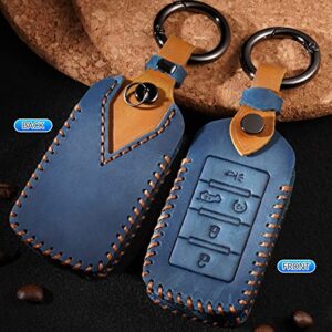 Canvcle Key Fob Cover for 2021 2022 2023 Jeep Grand Cherokee/Grand Cherokee L/Wagoneer/Grand Wagoneer Accessories Key Cover Leather Blue 5 Button 1PCS