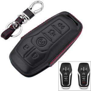 royalfox genuine 4 5 buttons leather key fob case cover for ford mustang explorer taurus f-150 fusion(mondeo) edge,lincoln mkz mkc mkx smart key, car remote key pouch with key rings keychain black