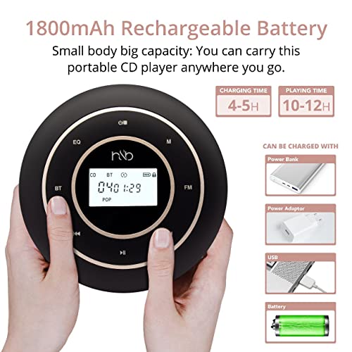 Portable CD Player with Bluetooth 5.0 & Rechargeable Battery, Aux Output, FM Transmitter for Car USe, LCD Backlight Display and Touch Button Technology, 12hr Playtime by Hevet & Bugg