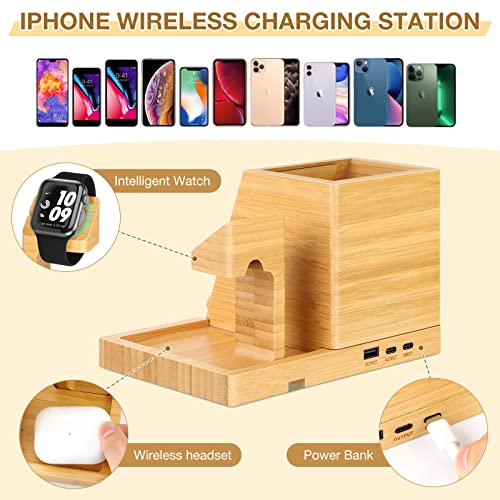 Bamboo Wireless Charging Station 3 in 1 Charging Dock with Pen Cup, OthoKing Fast Wireless Charger Stand Pencil Holder Compatible with iPhone 14/13/12 Pro Max, AirPods,iWatch(No Watch Charging Cable)