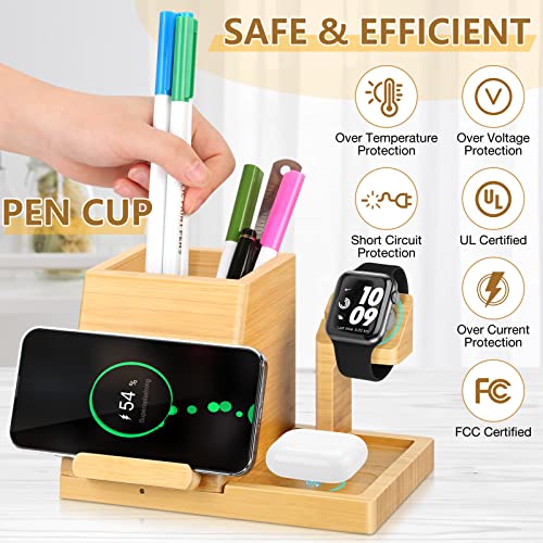 Bamboo Wireless Charging Station 3 in 1 Charging Dock with Pen Cup, OthoKing Fast Wireless Charger Stand Pencil Holder Compatible with iPhone 14/13/12 Pro Max, AirPods,iWatch(No Watch Charging Cable)