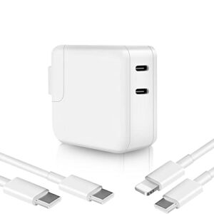 iphone 35w fast charger, 35w dual usb-c port compact power adapter gan pd 3.0 pps 2-port usb c wall charger with 6.5ft type c and type c to lighting charging cords for iphone14/13/12/11/xs/xr/pad