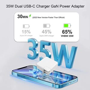 iPhone 35W Fast Charger, 35W Dual USB-C Port Compact Power Adapter GaN PD 3.0 PPS 2-Port USB C Wall Charger with 6.5FT Type C and Type C to Lighting Charging Cords for iPhone14/13/12/11/XS/XR/Pad