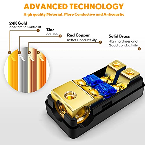 BULVACK 2 Way Mini ANL Fuse Holder, Copper 0/2/4 Gauge to 4/6/8 Gauge 60 Amp Fuse Distribution Block for Car Truck Boat Audio Stereo Amplifier