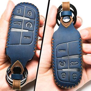 Leather Car Key Fob Cover Compatible with Jeep Keyless Remote Control Grand Cherokee Dodge Challenger Charger Dart Durango Journey Chrysler 200 300 Fiat etc (A Style, Blue)