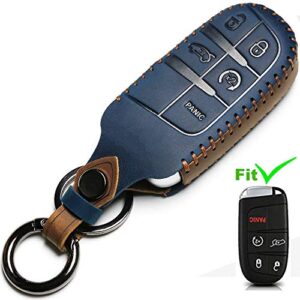 Leather Car Key Fob Cover Compatible with Jeep Keyless Remote Control Grand Cherokee Dodge Challenger Charger Dart Durango Journey Chrysler 200 300 Fiat etc (A Style, Blue)