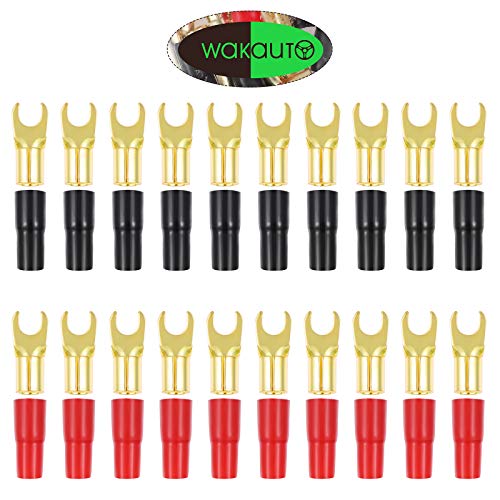 Wakauto 10 Pairs Copper Gold Plated 8 Gauge Strip Spade Terminal Spade Fork Adapters Connectors Plugs Crimp Barrier Spades for Speaker Wire Cable Terminal Plug