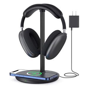 headphone stand with wireless charger, gaming headset holder hanger rack 2 in 1 wireless charging station dock for iphone 14/13/12/11 series, samsung, airpods pro/3/2 and desk all headphones, black