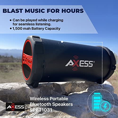 Axess SPBT1031 Portable Bluetooth Indoor/Outdoor 2.1 Hi-Fi Cylinder Loud Speaker with Built-in 3" Sub and SD Card, USB, AUX Inputs in Red