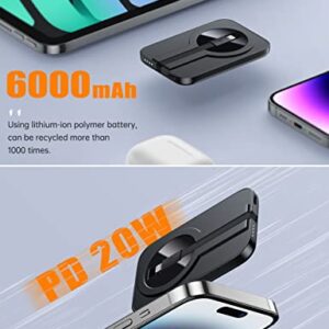 EMNT Mini Magnetic Portable Charger for iPhone,6000mAh Clutch Power Bank with Built-in Cable/Metal Stand, Battery Pack Compatible with iPhone 14/14 Plus/Pro Max/13/12/11/XS/XR/X/8/7/6/6s/5 and More.