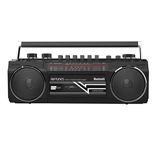 Riptunes Cassette Boombox, Retro Blueooth Boombox, Cassette Player and Recorder, AM/FM/SW-1-SW2 Radio-4-Band Radio, USB, SD, and Aux in, Black