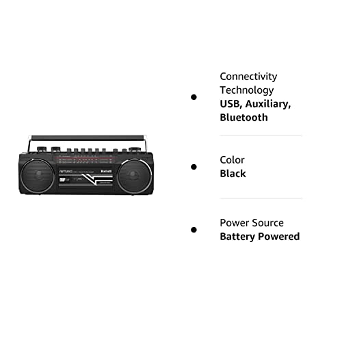 Riptunes Cassette Boombox, Retro Blueooth Boombox, Cassette Player and Recorder, AM/FM/SW-1-SW2 Radio-4-Band Radio, USB, SD, and Aux in, Black