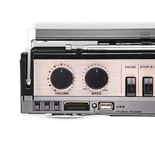 Riptunes Cassette Boombox, Retro Blueooth Boombox, Cassette Player and Recorder, AM/FM/SW-1-SW2 Radio-4-Band Radio, USB, SD, and Aux in, Black