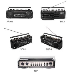 Riptunes Cassette Boombox, Retro Blueooth Boombox, Cassette Player and Recorder, AM/FM/SW-1-SW2 Radio-4-Band Radio, USB, SD, and Aux in, Black