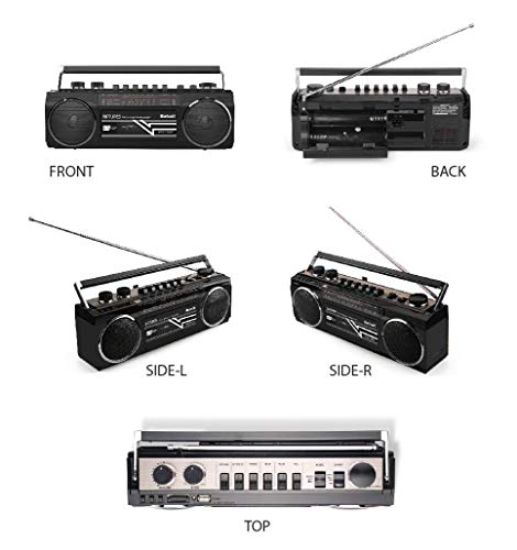 Riptunes Cassette Boombox, Retro Blueooth Boombox, Cassette Player and Recorder, AM/FM/SW-1-SW2 Radio-4-Band Radio, USB, SD, and Aux in, Black