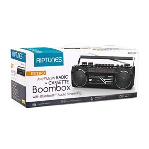 Riptunes Cassette Boombox, Retro Blueooth Boombox, Cassette Player and Recorder, AM/FM/SW-1-SW2 Radio-4-Band Radio, USB, SD, and Aux in, Black