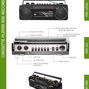 Riptunes Cassette Boombox, Retro Blueooth Boombox, Cassette Player and Recorder, AM/FM/SW-1-SW2 Radio-4-Band Radio, USB, SD, and Aux in, Black