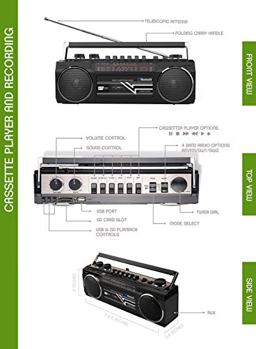 Riptunes Cassette Boombox, Retro Blueooth Boombox, Cassette Player and Recorder, AM/FM/SW-1-SW2 Radio-4-Band Radio, USB, SD, and Aux in, Black