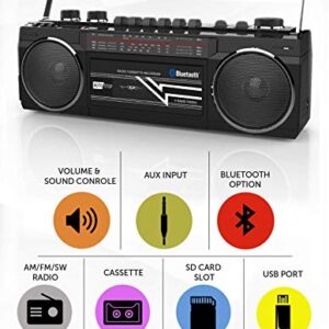 Riptunes Cassette Boombox, Retro Blueooth Boombox, Cassette Player and Recorder, AM/FM/SW-1-SW2 Radio-4-Band Radio, USB, SD, and Aux in, Black