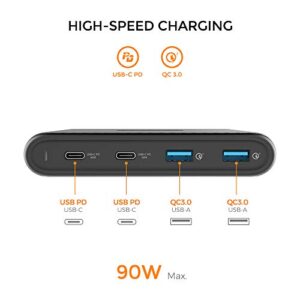 Freedy 90W USB-C Travel Charger Power Station Fast Charging Adapter [2 USB-C PD & 2 QC 3.0] [USB-IF Certified] - Compatible w MacBook Pro, iPad Pro, iPhone 14/14 Pro/14 Pro max and More (Black)