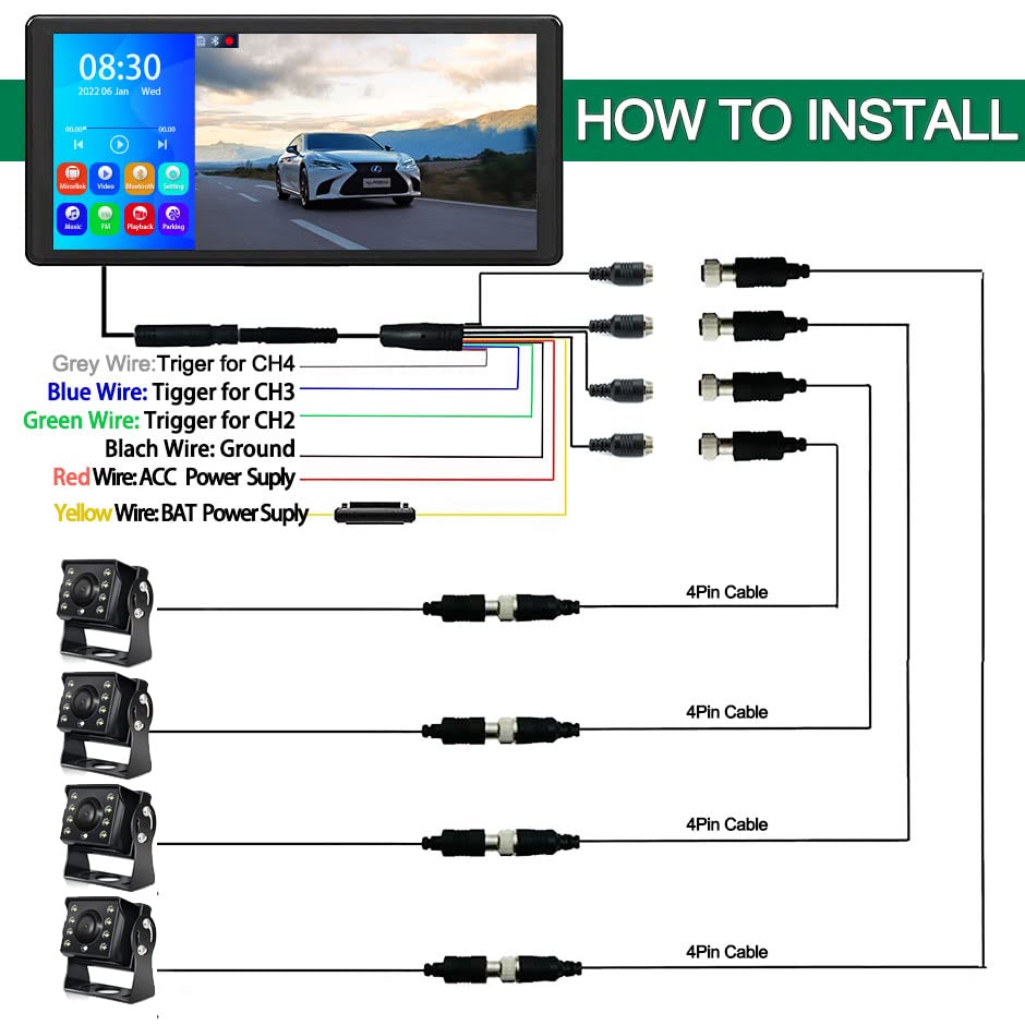 EVERSECU 4CH HD 1080P Car Backup Cameras System with 10.1" Touch Screen Quad Display Monitor & 4pcs 1080P Backup AHD Cameras, MP5 Player, Vehicle DVR Recorder for RV/Truck/Bus/Trailer/Camper/Van