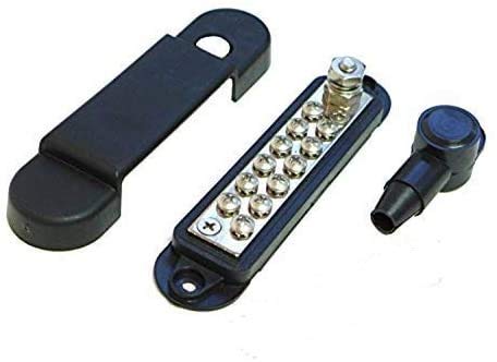 Bay Marine Supply Busbar – 12-Point Power Distribution Block (240A Rating) – #8 Terminal Screws & 1/4" Stud – Black Bus Bar