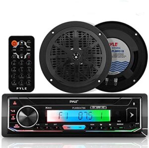 pyle bluetooth marine receiver stereo & speaker kit 300w single din boat marine head unit l lcd, mic, hands-free calling, aux, mp3/usb/sd, am/fm radio, remote – plmrk47bk (black)
