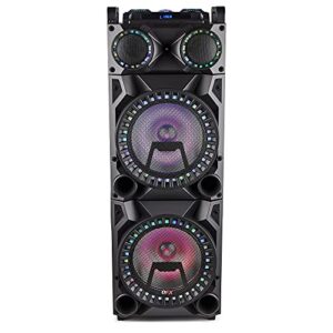 qfx pbx-1212 bluetooth rechargeable dual 12” woofer with 1” tweeter speaker system with microphone input, guitar input, aux input, usb port, sd card port, tws, recording, fm radio, led party lights