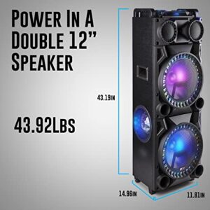 QFX PBX-1212 Bluetooth Rechargeable Dual 12” Woofer with 1” Tweeter Speaker System with Microphone Input, Guitar Input, Aux Input, USB Port, SD Card Port, TWS, Recording, FM Radio, LED Party Lights