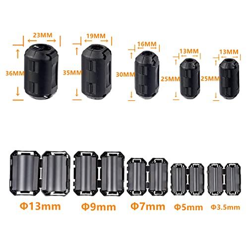 HUAREW 5 Values 28 Pcs Black Clip-on Ferrite Ring Core RFI EMI Noise Suppressor Cable Clip for 3.5mm 5mm 7mm 9mm 13mm Diameter Cable