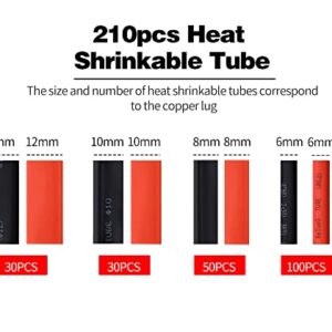 170pcs Battery Cable Closed End and 210pcs Heat Shrink Tubing, Copper Battery Cable Ends for Automotive Supplies AWG 4, AWG 6, AWG 8, AWG 10, AWG 12