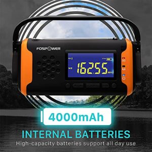 FosPower 4000mAh NOAA Emergency Weather Radio (Model D2) Portable Power Bank with Solar Charging, Hand Crank & Battery Operated, LCD Display, SOS Alarm, AM/FM & LED Flashlight for Outdoor Emergency