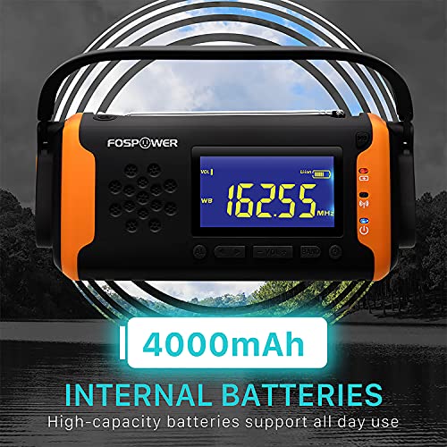 FosPower 4000mAh NOAA Emergency Weather Radio (Model D2) Portable Power Bank with Solar Charging, Hand Crank & Battery Operated, LCD Display, SOS Alarm, AM/FM & LED Flashlight for Outdoor Emergency