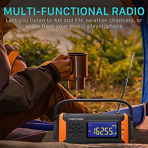 FosPower 4000mAh NOAA Emergency Weather Radio (Model D2) Portable Power Bank with Solar Charging, Hand Crank & Battery Operated, LCD Display, SOS Alarm, AM/FM & LED Flashlight for Outdoor Emergency