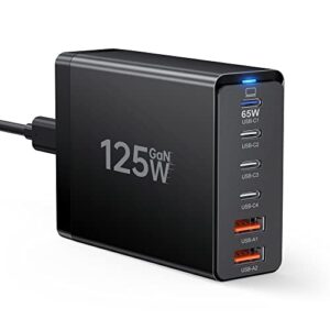 usb c charger, 125w gan 6 port usb c laptop wall charger block adapter, 65w super fast type c charging station hub for macbook pro/air, ipad, iphone 14 13 12 pro max, samsung galaxy note, steam deck