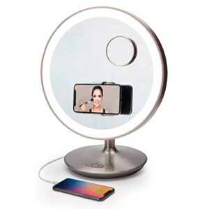 ihome beauty glow ring xl 13″ makeup mirror with bluetooth speaker, speakerphone, usb charging, removable phone mount, rechargeable battery and 3 led color modes