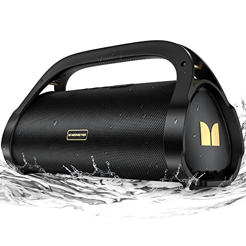 Monster Adventurer Max Portable Bluetooth Speaker, IPX7 Waterproof Wireless Speaker with Subwoofer Rich Bass, 100W Stereo Loud Sound Speaker with 24H Playtime for Outdoor Party, Pool Beach, Gold